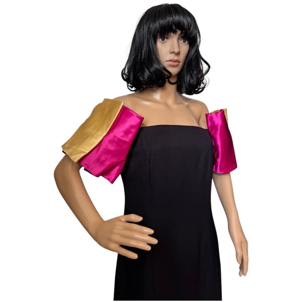 Vintage 80's black with off shoulder multi colors puff satin sleeves size s-m - Picture 3 of 16